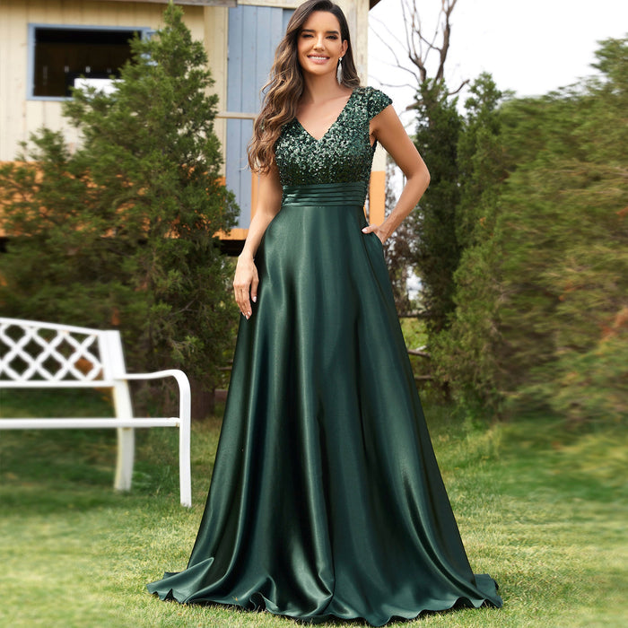 Women's Elegant Sequin Satin Prom Dress Evening Gown with Cap Sleeve - Rosymae