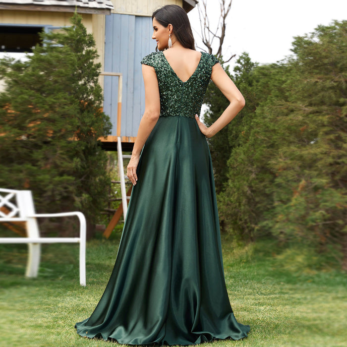 Women's Elegant Sequin Satin Prom Dress Evening Gown with Cap Sleeve - Rosymae