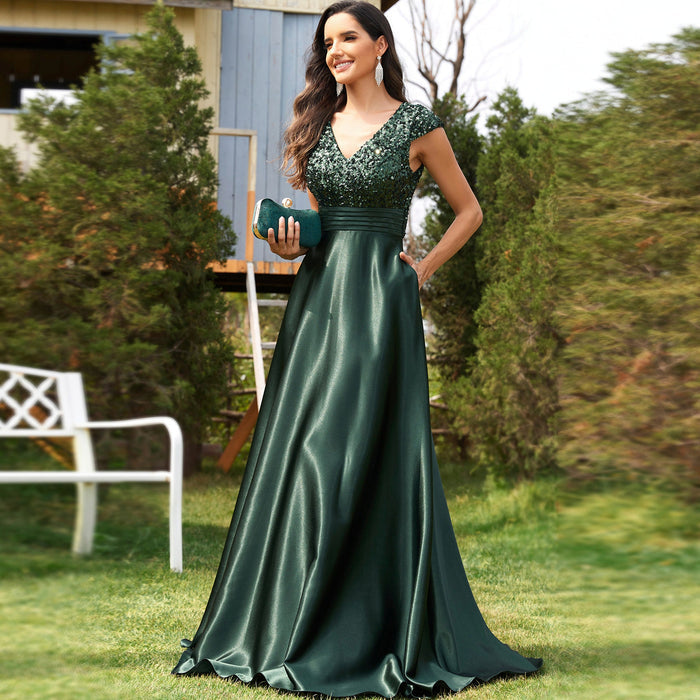 Women's Elegant Sequin Satin Prom Dress Evening Gown with Cap Sleeve - Rosymae