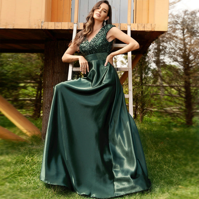 Women's Elegant Sequin Satin Prom Dress Evening Gown with Cap Sleeve - Rosymae