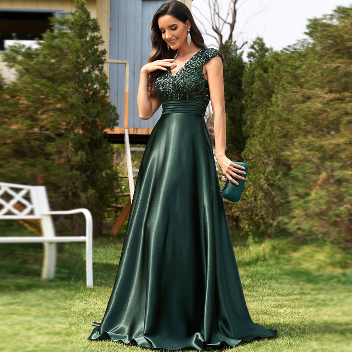 Women's Elegant Sequin Satin Prom Dress Evening Gown with Cap Sleeve - Rosymae