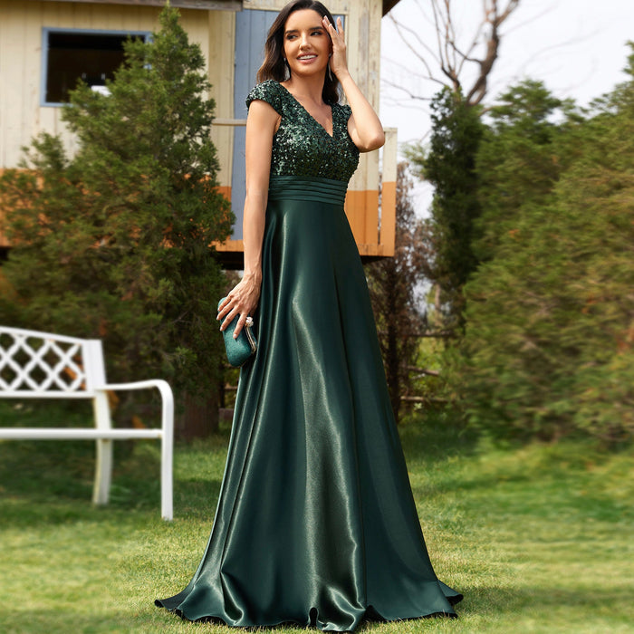 Women's Elegant Sequin Satin Prom Dress Evening Gown with Cap Sleeve - Rosymae