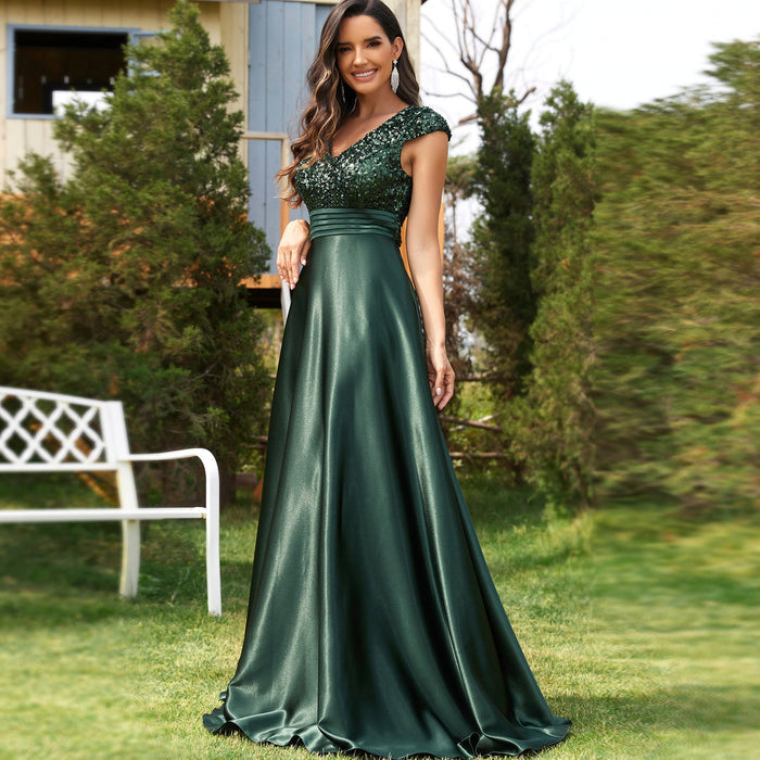 Women's Elegant Sequin Satin Prom Dress Evening Gown with Cap Sleeve - Rosymae