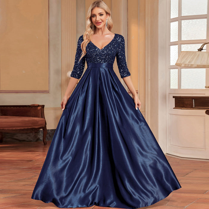 Women's Half Sleeve Sequin Formal Prom Dress Evening Gown with Pocket - Rosymae