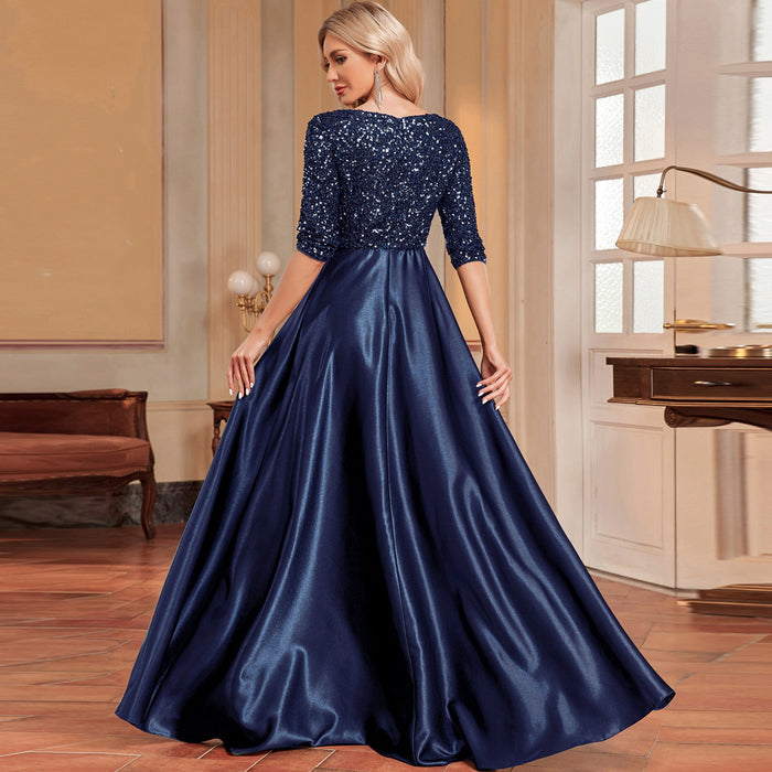 Women's Half Sleeve Sequin Formal Prom Dress Evening Gown with Pocket - Rosymae