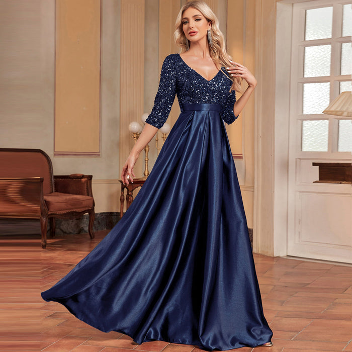 Women's Half Sleeve Sequin Formal Prom Dress Evening Gown with Pocket - Rosymae