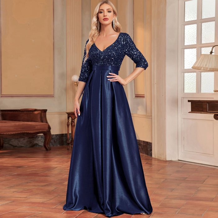 Women's Half Sleeve Sequin Formal Prom Dress Evening Gown with Pocket - Rosymae