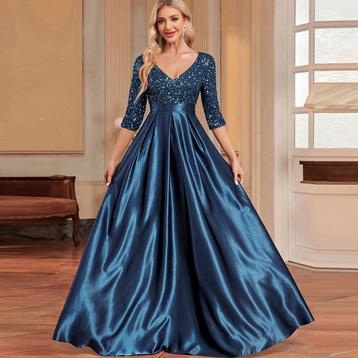 Women's Half Sleeve Sequin Formal Prom Dress Evening Gown with Pocket - Rosymae