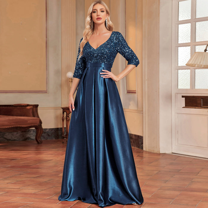 Women's Half Sleeve Sequin Formal Prom Dress Evening Gown with Pocket - Rosymae