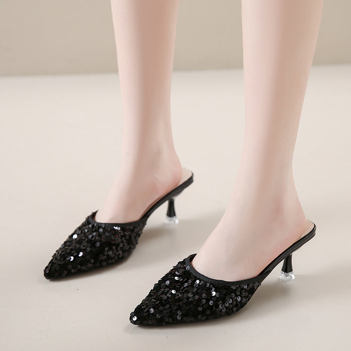 Women's new trend fashion pointy sequin heels French ins stiletto half slippers