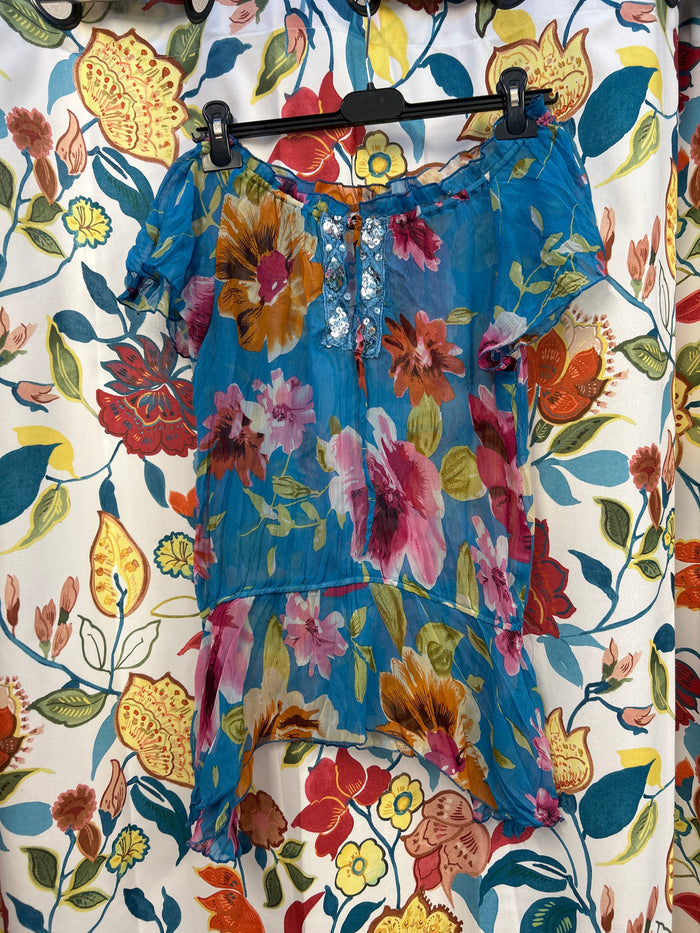 Y2k floral Turqoise long top