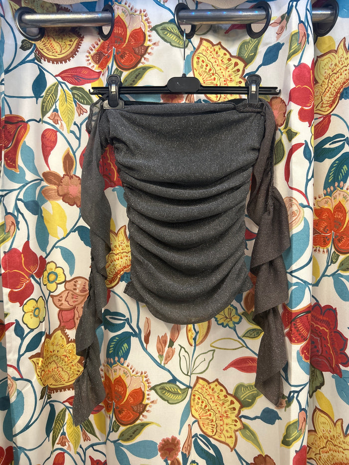 Y2k silver glitter ruffle top with sleeves