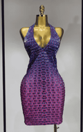 Yesha sexy rhinestone halter bodycon dress with gradient sparkle, V neck and backless design. Perfect for birthdays, parties, and stage looks.