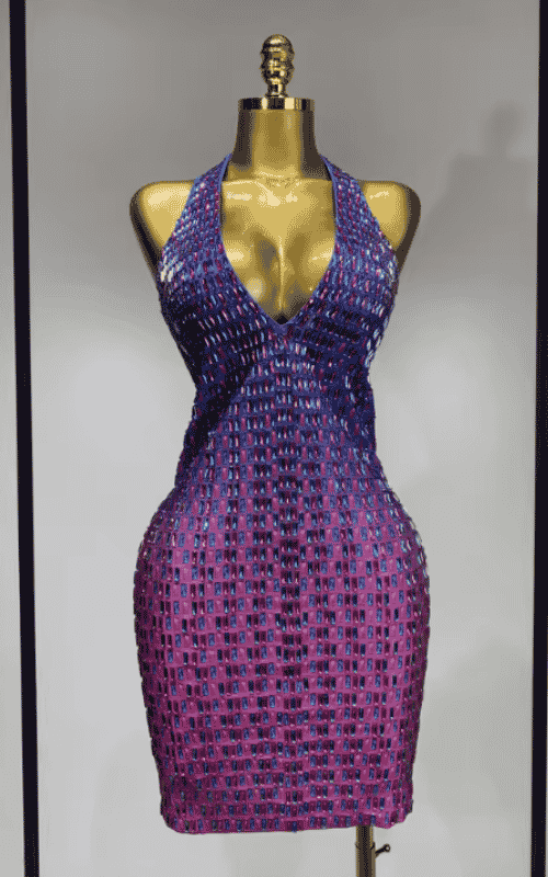 Yesha sexy rhinestone halter bodycon dress with gradient sparkle, V neck and backless design. Perfect for birthdays, parties, and stage looks.