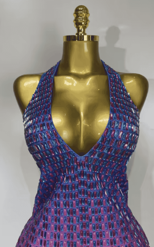 Yesha sexy rhinestone halter bodycon dress with gradient sparkle, V neck and backless design. Perfect for birthdays, parties, and stage looks.