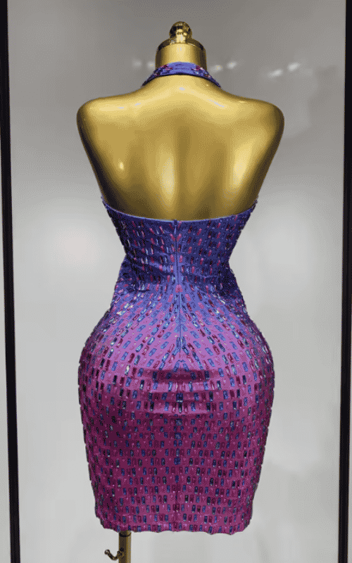 Yesha sexy rhinestone halter bodycon dress with gradient sparkle, V neck and backless design. Perfect for birthdays, parties, and stage looks.