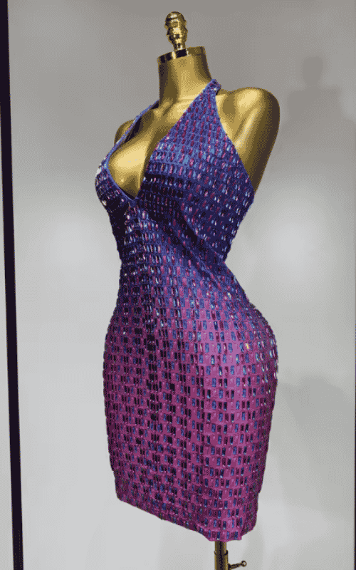 Yesha sexy rhinestone halter bodycon dress with gradient sparkle, V neck and backless design. Perfect for birthdays, parties, and stage looks.