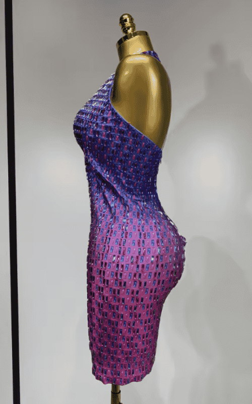 Yesha sexy rhinestone halter bodycon dress with gradient sparkle, V neck and backless design. Perfect for birthdays, parties, and stage looks.