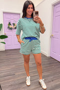 green and cream striped with blue trim top and shorts matching knit set