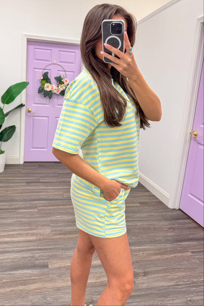 light blue and yellow striped short sleeve drop shoulder top shorts set