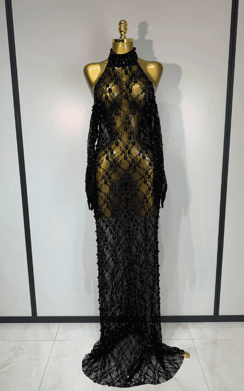 Zarrah Sleeveless Pearl Lace Sheer Mesh Black Maxi Dress