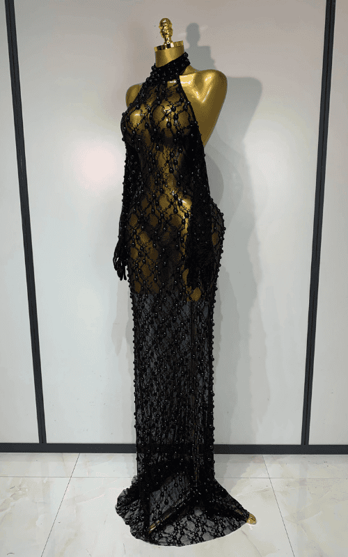 Zarrah Sleeveless Pearl Lace Sheer Mesh Black Maxi Dress