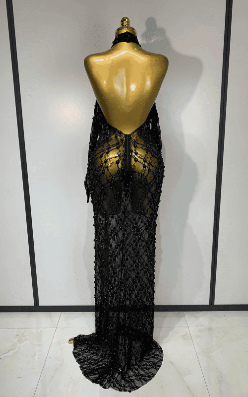 Zarrah Sleeveless Pearl Lace Sheer Mesh Black Maxi Dress