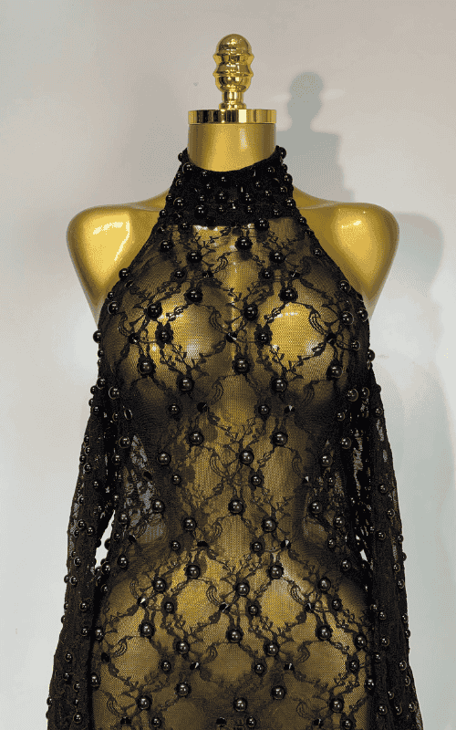 Zarrah Sleeveless Pearl Lace Sheer Mesh Black Maxi Dress