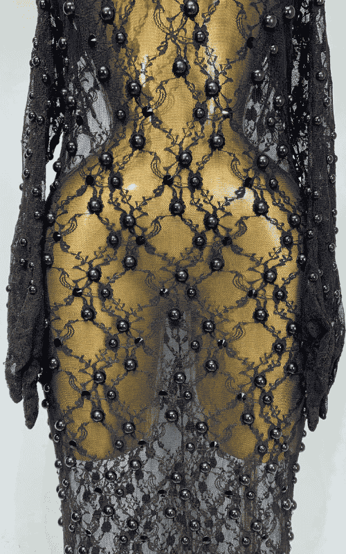 Zarrah Sleeveless Pearl Lace Sheer Mesh Black Maxi Dress