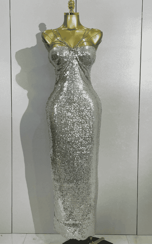 Zoe sexy shiny sequin long dress with diamond chain straps. Elegant luxury outfit for birthdays, evening parties, and club nights.