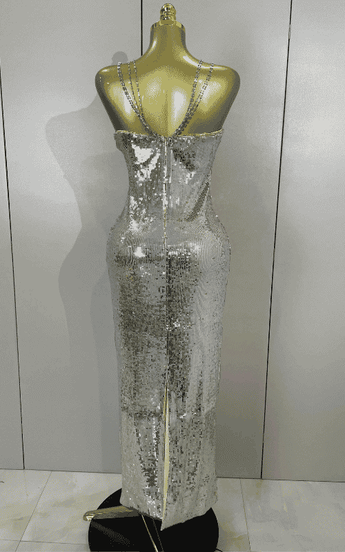 Zoe sexy shiny sequin long dress with diamond chain straps. Elegant luxury outfit for birthdays, evening parties, and club nights.