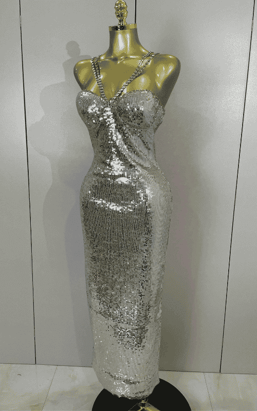 Zoe sexy shiny sequin long dress with diamond chain straps. Elegant luxury outfit for birthdays, evening parties, and club nights.