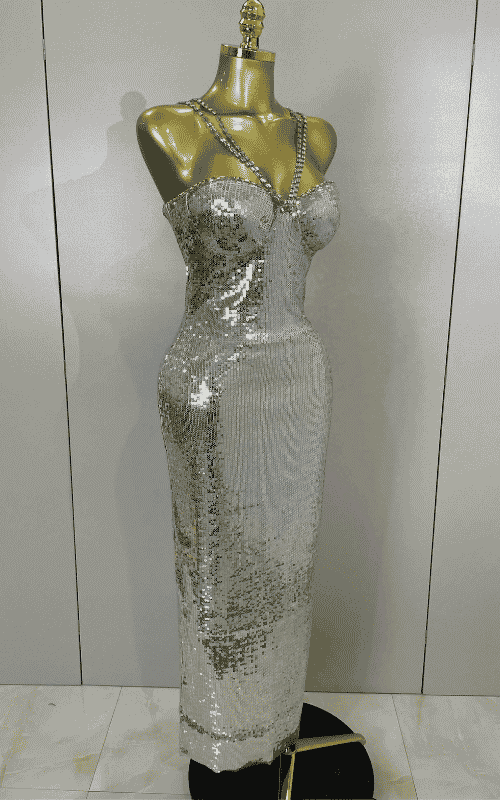 Zoe sexy shiny sequin long dress with diamond chain straps. Elegant luxury outfit for birthdays, evening parties, and club nights.