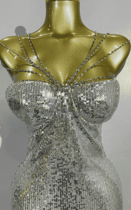 Zoe sexy shiny sequin long dress with diamond chain straps. Elegant luxury outfit for birthdays, evening parties, and club nights.