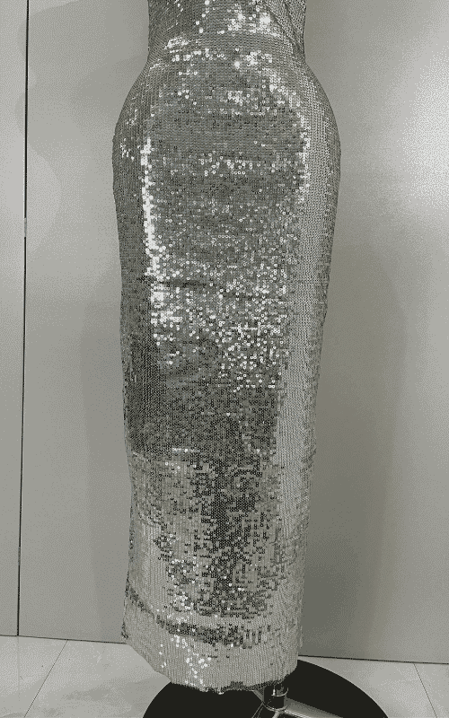 Zoe sexy shiny sequin long dress with diamond chain straps. Elegant luxury outfit for birthdays, evening parties, and club nights.