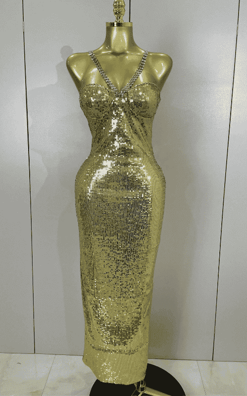 Zoe sexy shiny sequin long dress with diamond chain straps. Elegant luxury outfit for birthdays, evening parties, and club nights.